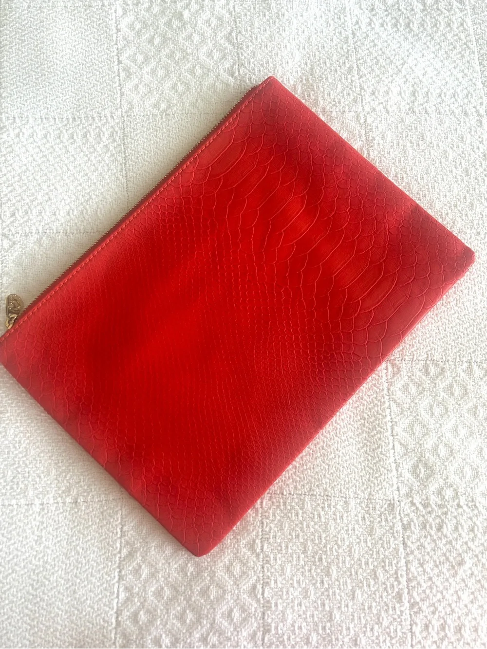 C. Wonder Clutch Orange Red Embossed Print Zip Close with Gold C Emblem